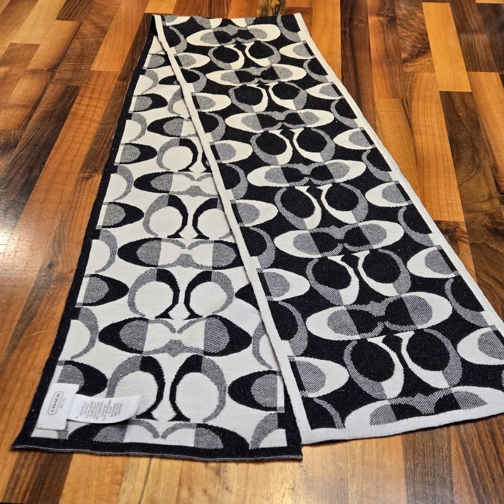 Coach Signature Wool Blend Metallic Logo Scarf Black and Gray Patterned Scarf